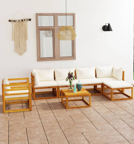 7-tlg. Garten-Lounge-Set mit Auflagen Creme Massivholz Akazie