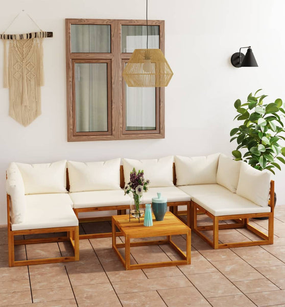 7-tlg. Garten-Lounge-Set mit Auflagen Creme Massivholz Akazie