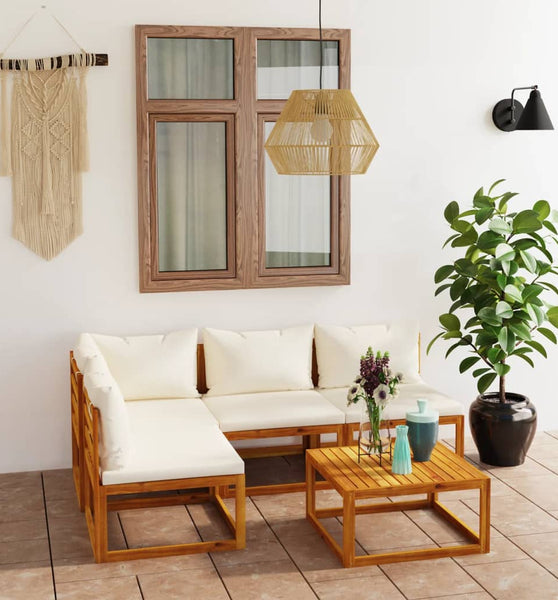 5-tlg. Garten-Lounge-Set mit Auflagen Creme Massivholz Akazie