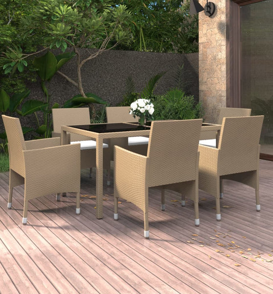7-tlg. Garten-Essgruppe Poly Rattan und Hartglas Beige