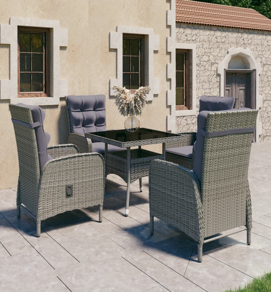 5-tlg. Garten-Essgruppe Poly Rattan und Glas Grau