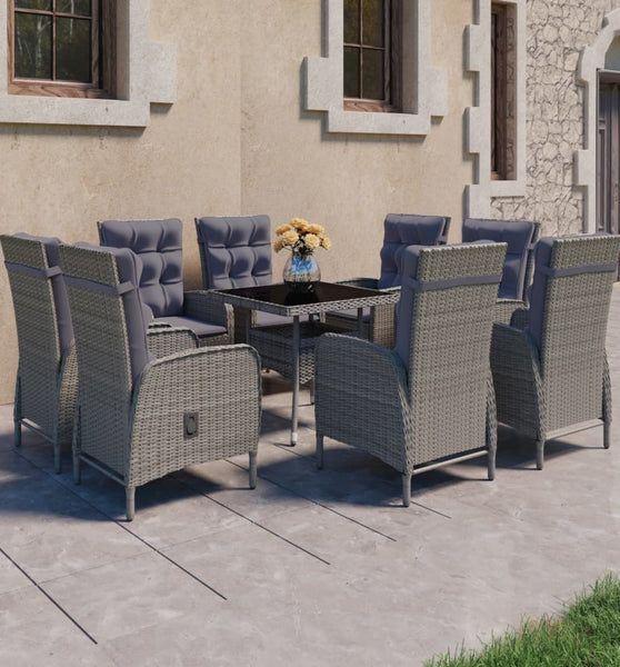 9-tlg. Garten-Essgruppe Poly Rattan und Glas Grau