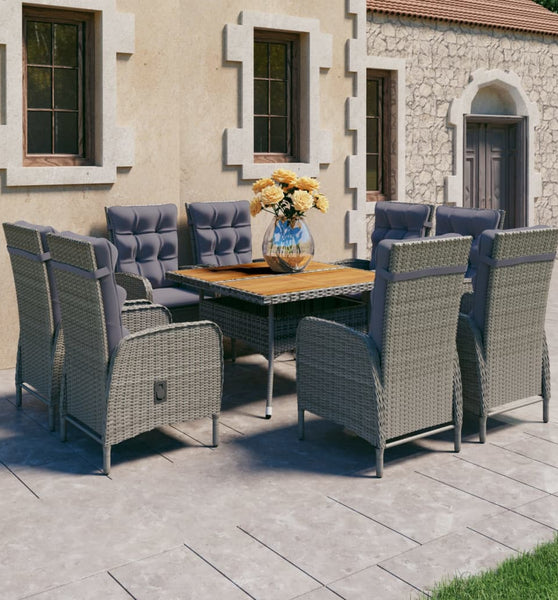 9-tlg. Garten-Essgruppe Poly Rattan und Akazienholz Grau