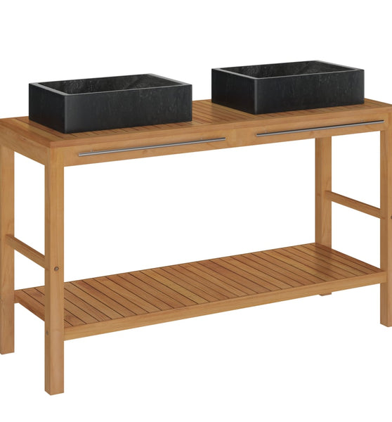 Waschtisch Massivholz Teak mit Waschbecken Marmor Schwarz