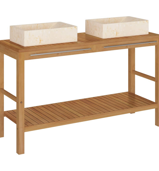 Waschtisch Massivholz Teak mit Waschbecken Marmor Creme