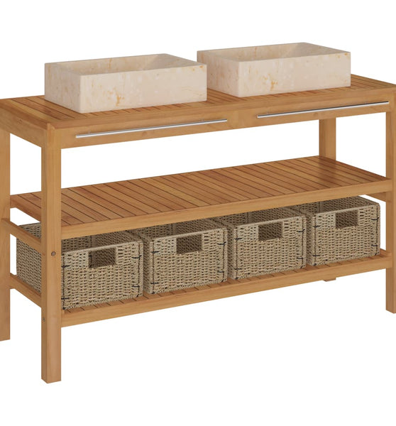 Waschtisch Massivholz Teak mit Waschbecken Marmor Creme