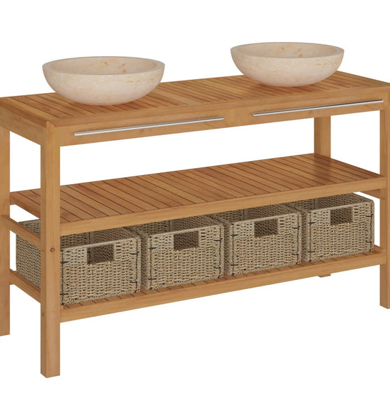 Waschtisch Massivholz Teak mit Waschbecken Marmor Creme