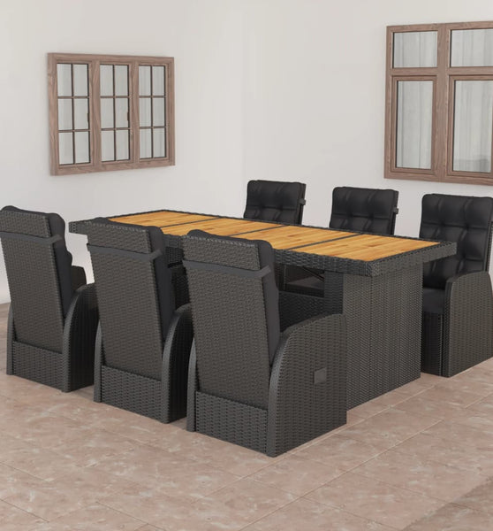 7-tlg. Garten-Essgruppe mit Auflagen Poly Rattan Schwarz