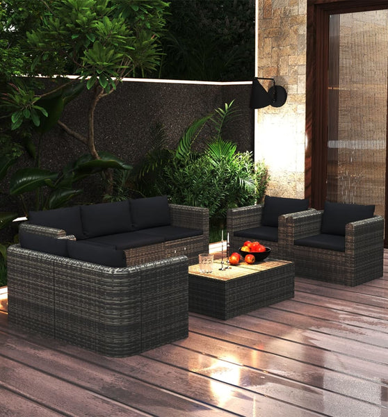 8-tlg. Garten-Lounge-Set mit Kissen Poly Rattan Grau