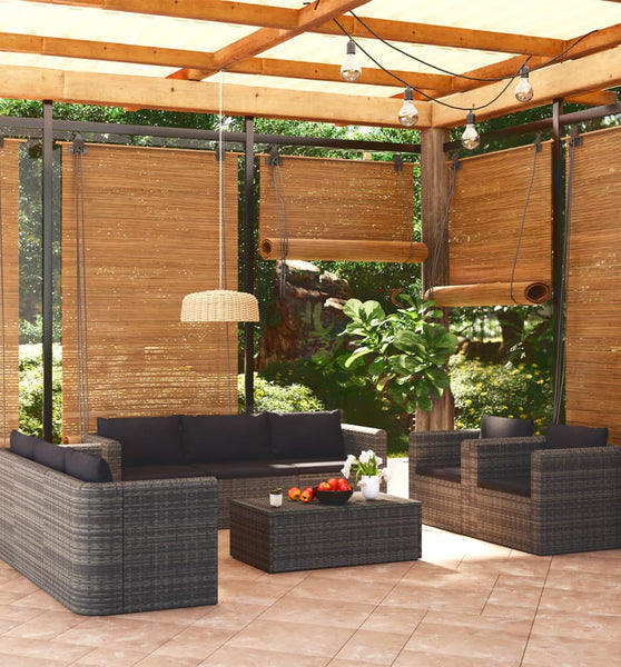 9-tlg. Garten-Lounge-Set mit Kissen Poly Rattan Grau