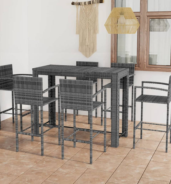 7-tlg. Garten-Bar-Set mit Armlehnen Poly Rattan Grau