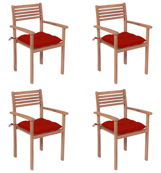 Gartenstühle 4 Stk. mit Roten Kissen Massivholz Teak