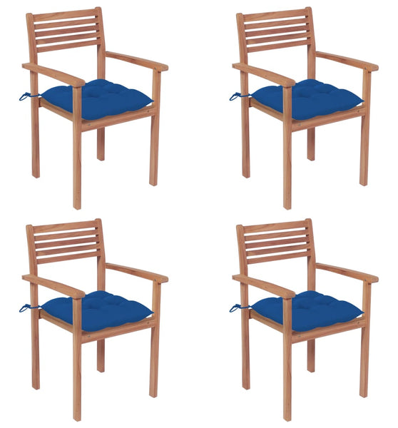 Gartenstühle 4 Stk. mit Blauen Kissen Massivholz Teak