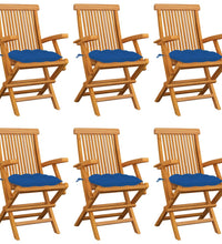 Gartenstühle mit Blauen Kissen 6 Stk. Massivholz Teak