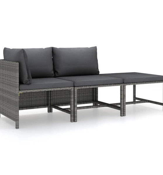 3-tlg. Garten-Lounge-Set mit Kissen Poly Rattan Grau