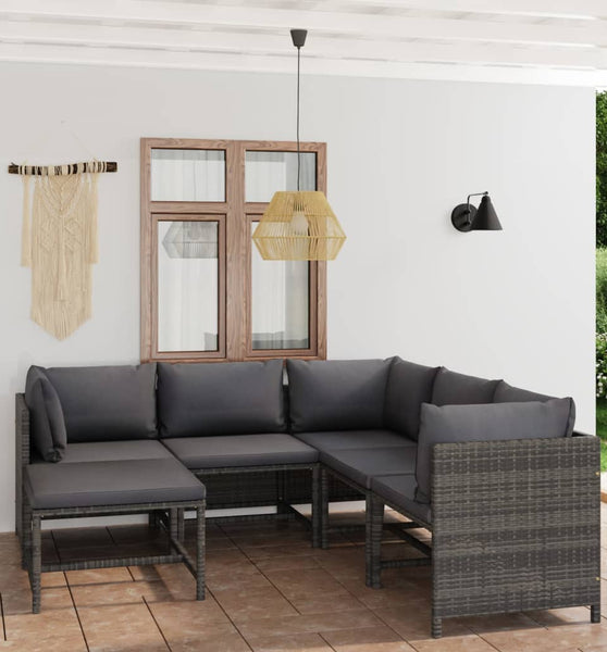 6-tlg. Garten-Lounge-Set mit Kissen Poly Rattan Grau