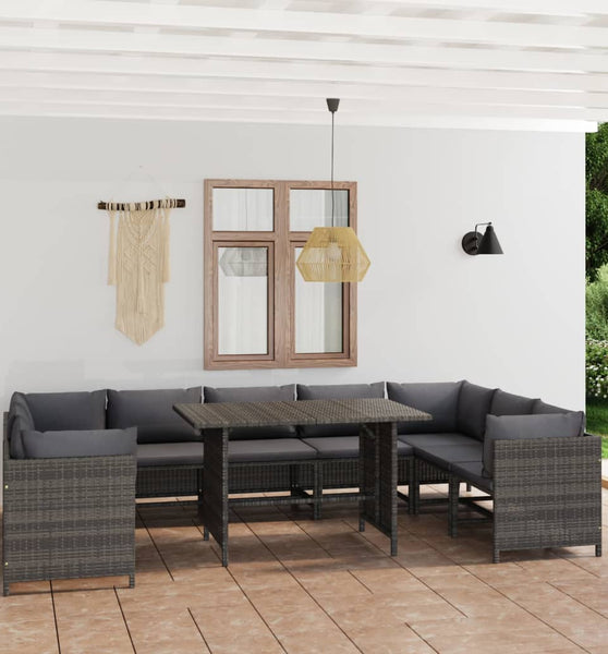 10-tlg. Garten-Lounge-Set mit Kissen Poly Rattan Grau