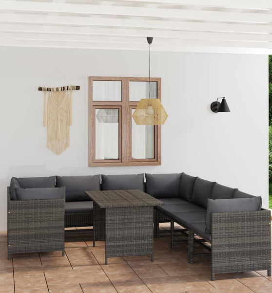 9-tlg. Garten-Lounge-Set mit Kissen Poly Rattan Grau