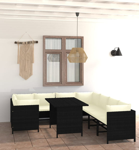 9-tlg. Garten-Lounge-Set mit Kissen Poly Rattan Schwarz