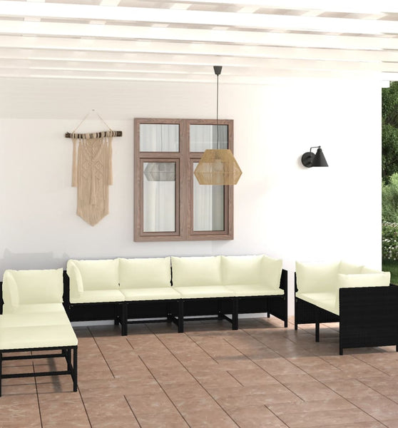 10-tlg. Garten-Lounge-Set mit Kissen Poly Rattan Schwarz