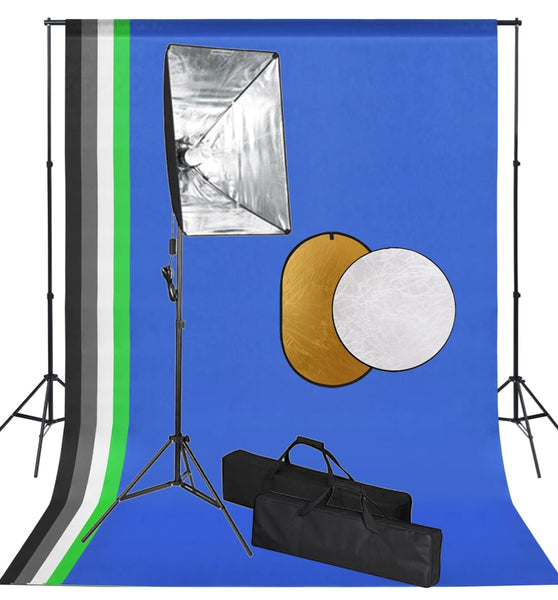 Fotostudio-Set mit Softbox-Lampen, Hintergrund und Reflektor