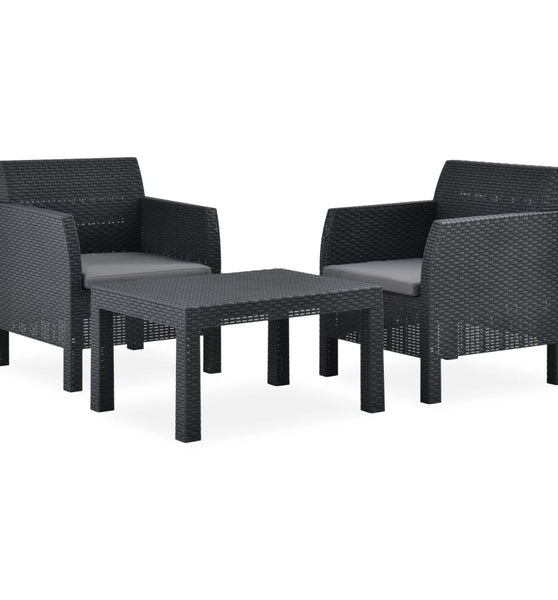 3-tlg. Garten-Lounge-Set mit Kissen PP Rattan Anthrazit