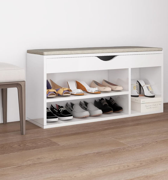 Schuhbank mit Kissen Hochglanz-Weiß 104x30x49 cm Holzwerkstoff