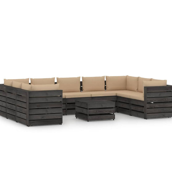 10-tlg. Garten-Lounge-Set mit Kissen Grau Imprägniertes Holz