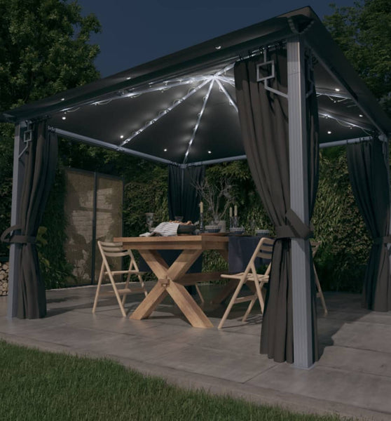 Pavillon mit Vorhängen & LED-Lichterkette 3x3 m Anthrazit Alu