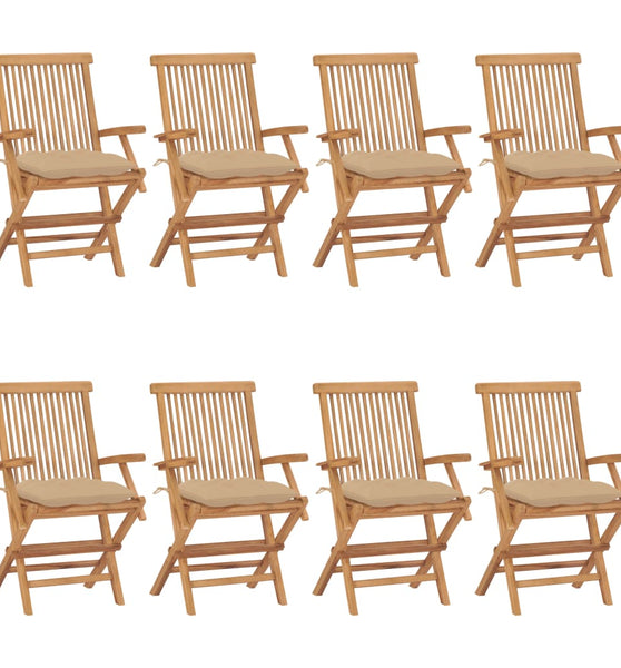 Gartenstühle mit Beigen Kissen 8 Stk. Massivholz Teak