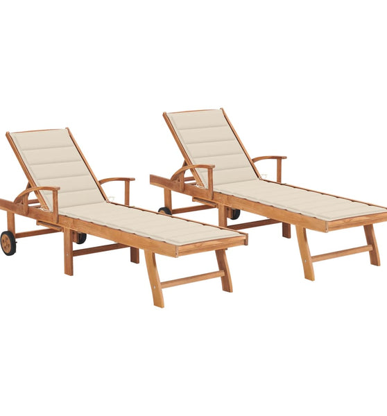 Sonnenliegen 2 Stk. mit Creme Auflagen Massivholz Teak