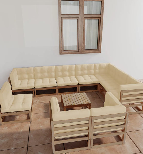 11-tlg. Garten-Lounge-Set mit Kissen Honigbraun Massivholz