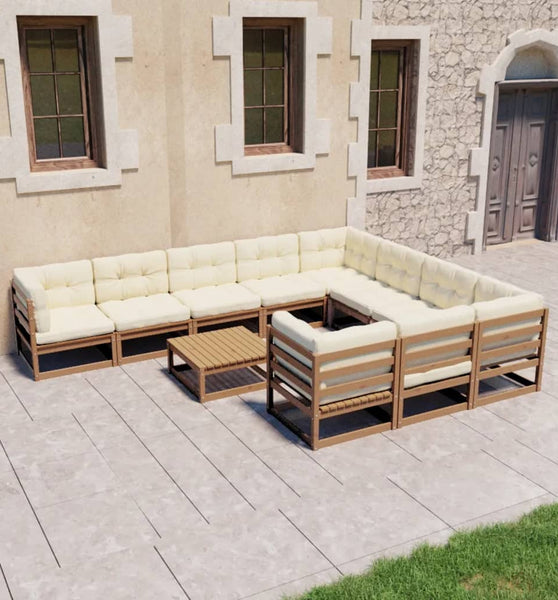 11-tlg. Garten-Lounge-Set mit Kissen Honigbraun Massivholz