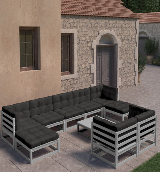 10-tlg. Garten-Lounge-Set mit Kissen Grau Massivholz Kiefer