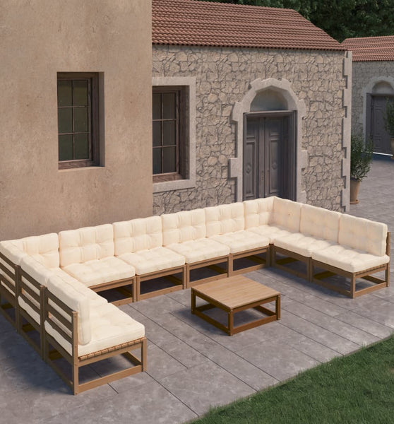 11-tlg. Garten-Lounge-Set mit Kissen Honigbraun Massivholz