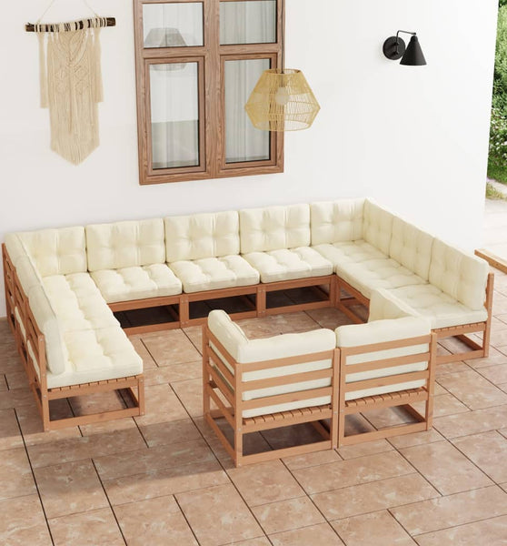 11-tlg. Garten-Lounge-Set mit Kissen Honigbraun Massivholz