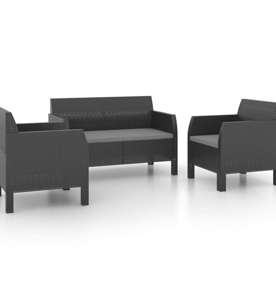 3-tlg. Garten-Lounge-Set mit Kissen PP Rattan Anthrazit