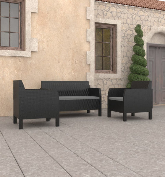 3-tlg. Garten-Lounge-Set mit Kissen PP Rattan Anthrazit