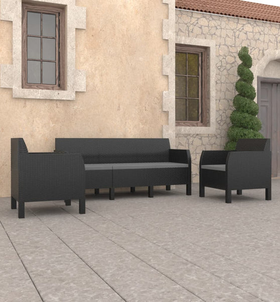 3-tlg. Garten-Lounge-Set mit Kissen PP Rattan Anthrazit