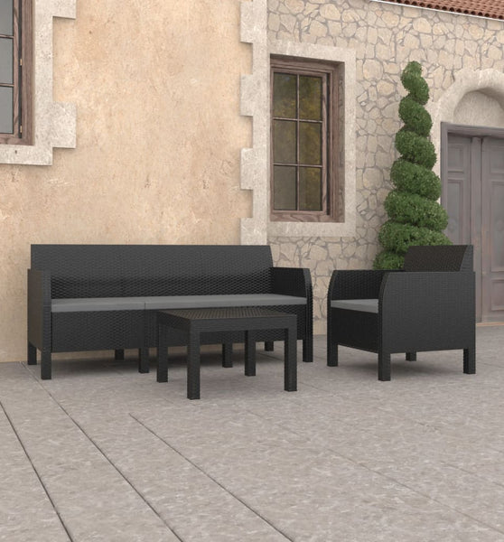 3-tlg. Garten-Lounge-Set mit Kissen PP Rattan Anthrazit