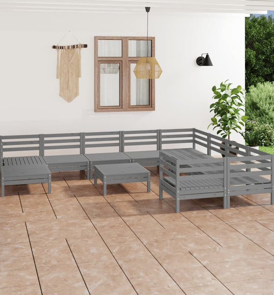 11-tlg. Garten-Lounge-Set Grau Massivholz Kiefer
