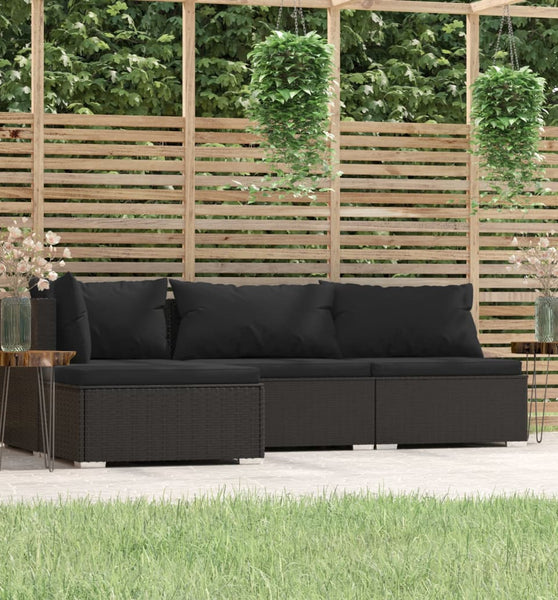 4-tlg. Garten-Lounge-Set mit Auflagen Schwarz Poly Rattan