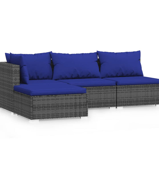 4-tlg. Garten-Lounge-Set mit Kissen Grau Poly Rattan