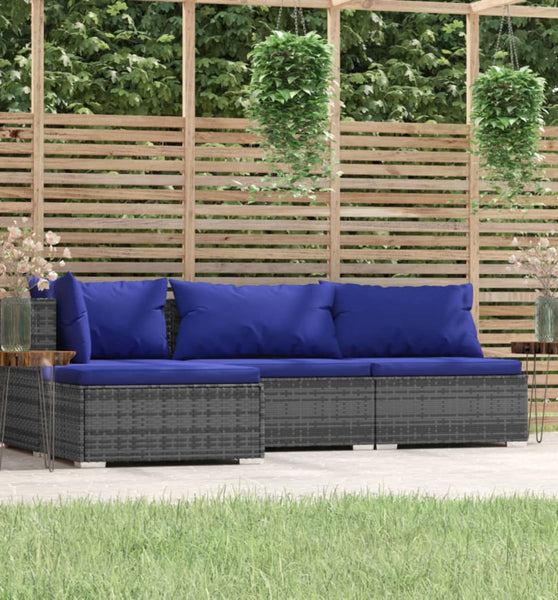 4-tlg. Garten-Lounge-Set mit Kissen Grau Poly Rattan