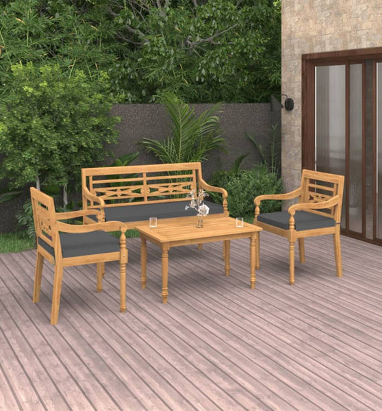 4-tlg. Garten-Lounge-Set mit Kissen Massivholz Teak