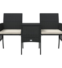 Gartensofa 2-Sitzer mit Tisch und Hockern Schwarz Poly Rattan