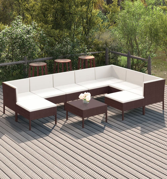 10-tlg. Garten-Lounge-Set mit Auflagen Poly Rattan Braun