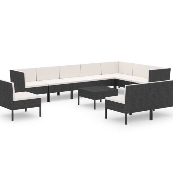 11-tlg. Garten-Lounge-Set mit Auflagen Poly Rattan Schwarz