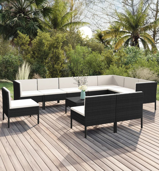 11-tlg. Garten-Lounge-Set mit Auflagen Poly Rattan Schwarz