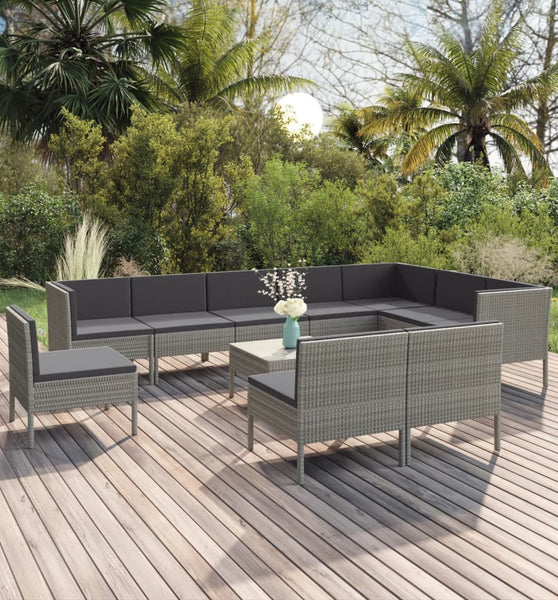 11-tlg. Garten-Lounge-Set mit Auflagen Poly Rattan Grau